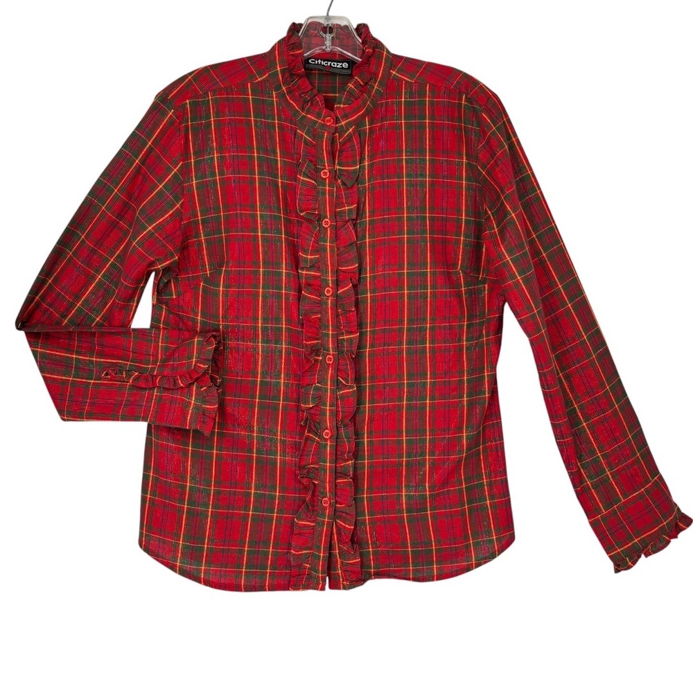 Vintage Citicraze Ruffle Plaid Blouse Womens Small Red Metallic Holiday